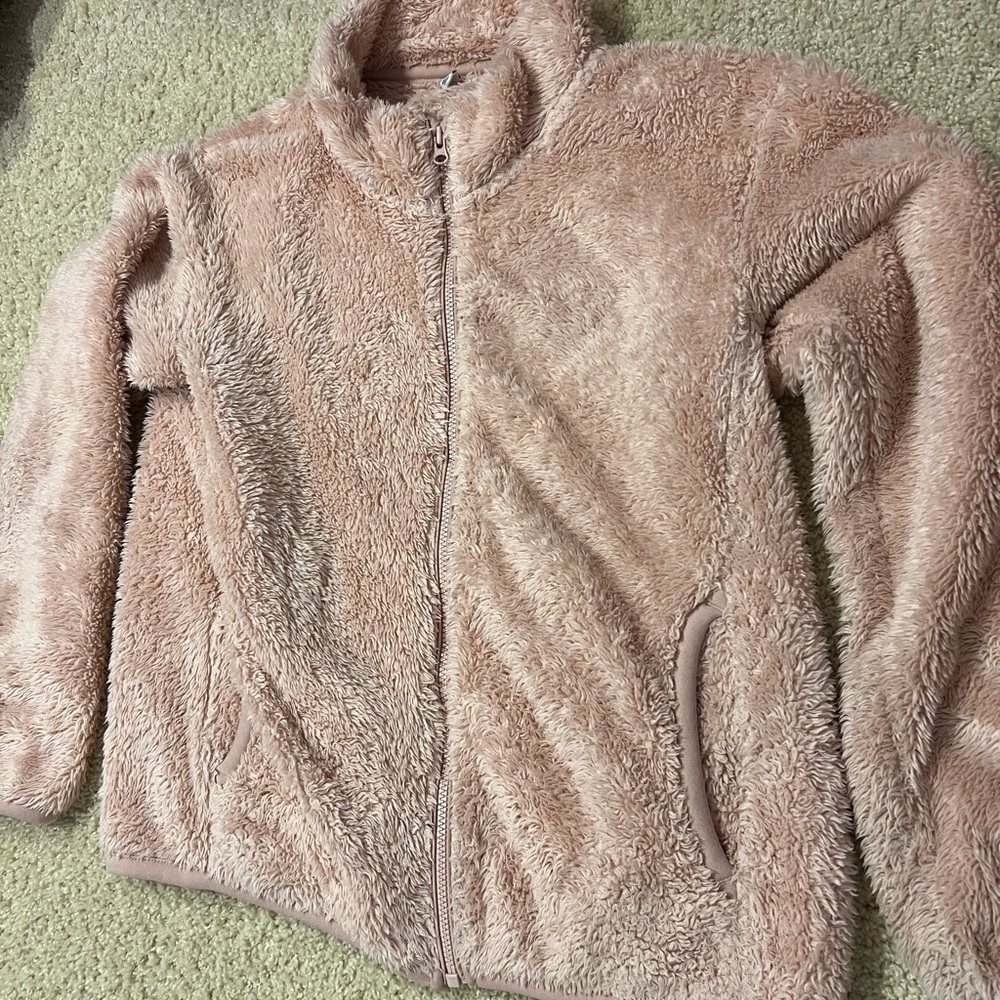Used pink , fuzzy, soft UNIQLO zip up Jacket size 140